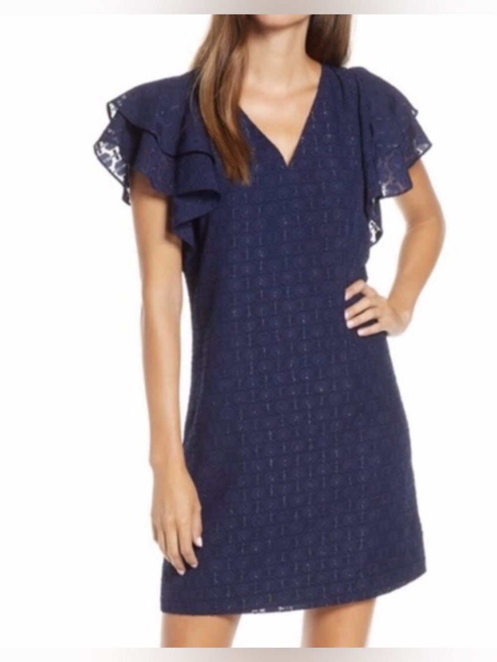 Lilly Pulitzer Kathie Navy Tanzanian Dress Ruffle Sleeve Mini Metallic Sz 2